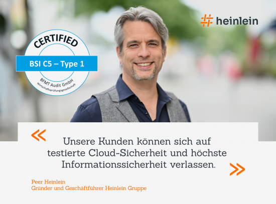 BSI C5 Testat: Porträtfoto und Zitat Peer Heinlein